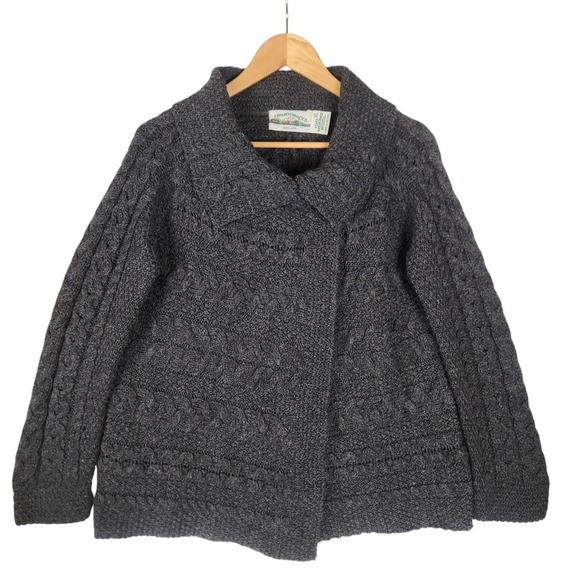 Aran Crafts Cardigan Women's XL Gray Merino Wool Cableknit Irish One Button Wrap - Picture 1 of 8